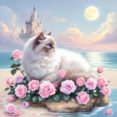 The primary subject of the image is a Siamese cat sitting on a rock in front of a castle. The setting is a beach, with the ocean in the background. The visual style is a painting, featuring a beautifully illustrated cat and a castle in the background. The colors and mood of the image are predominantly pink, creating a warm and inviting atmosphere.